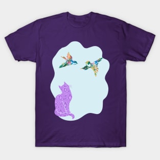 Camouflage Purple Cat Watching Birds Silhouette Art T-Shirt